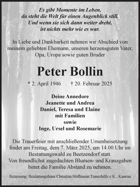 Traueranzeige von Peter Bollin von Volksstimme Altmark West