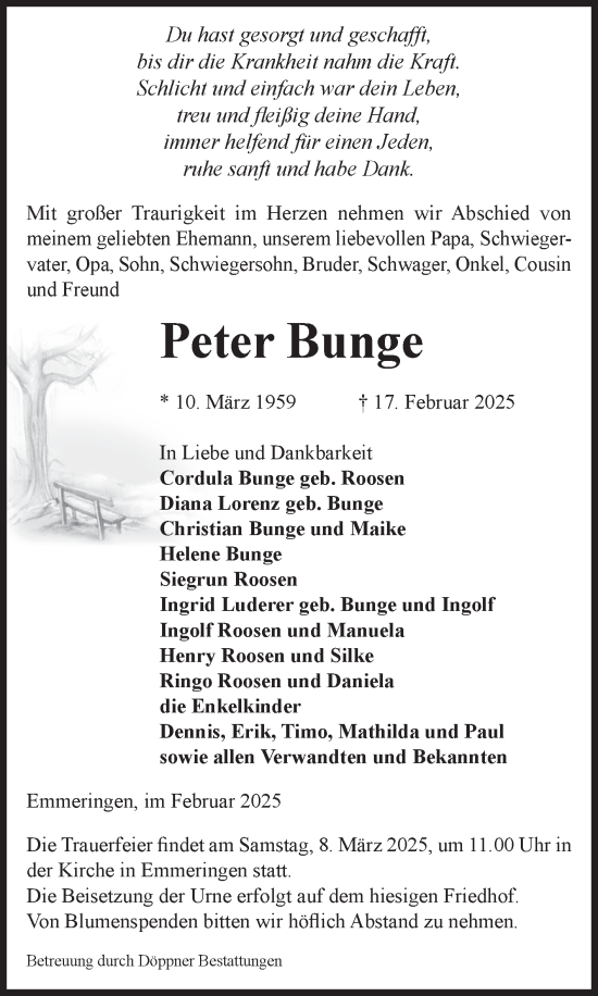 Traueranzeige von Peter Bunge von Volksstimme Oschersleben/Wanzleben