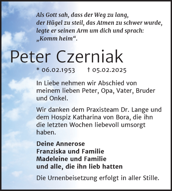 Traueranzeige von Peter Czerniak von Trauerkombi Wittenberg