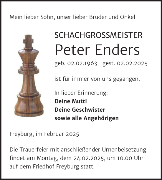 Traueranzeige von Peter Enders von Super Sonntag Naumburg/Nebra