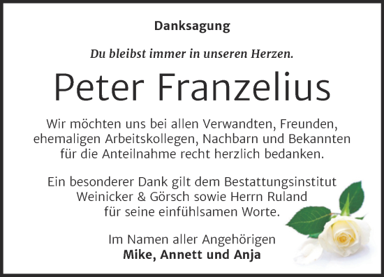 Traueranzeige von Peter Franzelius von Trauerkombi Bernburg