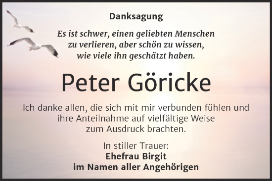 Traueranzeige von Peter Göricke von Trauerkombi Merseburg