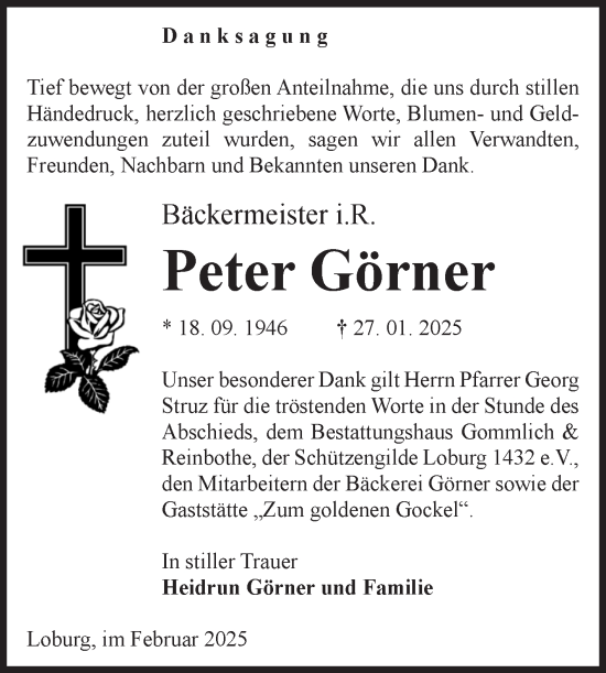 Traueranzeige von Peter Görner von Volksstimme Zerbst
