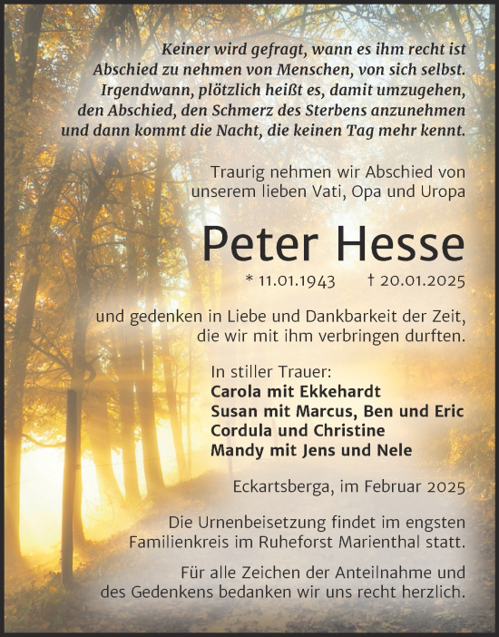 Traueranzeige von Peter Hesse von Super Sonntag Naumburg/Nebra