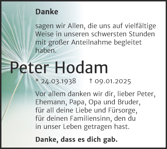 Traueranzeige von Peter Hodam von Trauerkombi Dessau