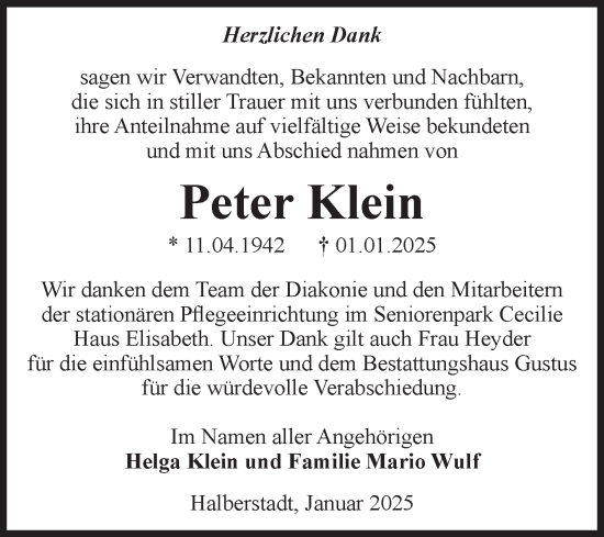 Traueranzeige von Peter Klein von Volksstimme Halberstadt