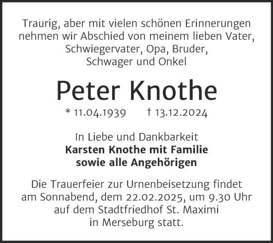 Traueranzeige von Peter Knothe von Trauerkombi Merseburg