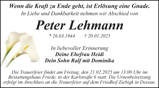Traueranzeige von Peter Lehmann von Trauerkombi Dessau
