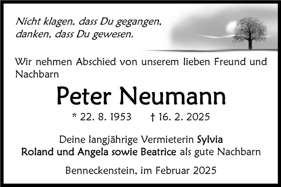 Traueranzeige von Peter Neumann von Volksstimme Wernigerode