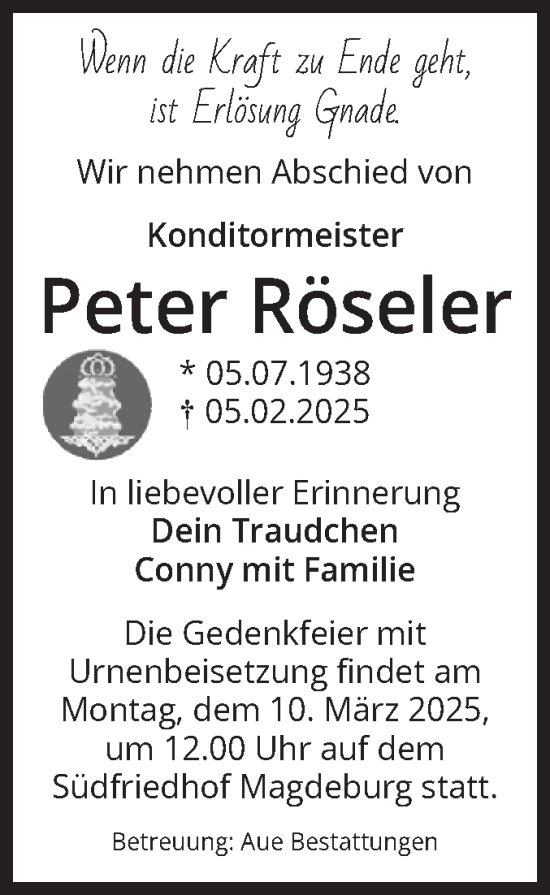 Traueranzeige von Peter Röseler von Volksstimme Magdeburg