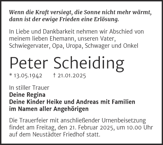 Traueranzeige von Peter Scheiding von Mitteldeutsche Zeitung Halle/Saalkreis