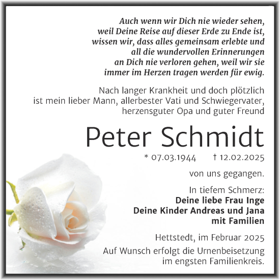 Traueranzeige von Peter Schmidt von Trauerkombi Mansfelder Land