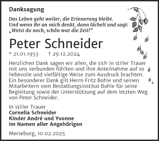 Traueranzeige von Peter Schneider von Trauerkombi Merseburg