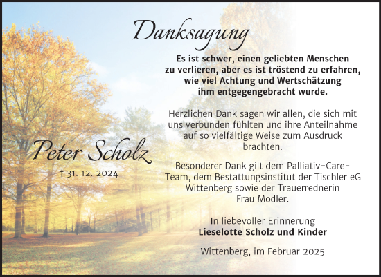 Traueranzeige von Peter Scholz von Trauerkombi Wittenberg
