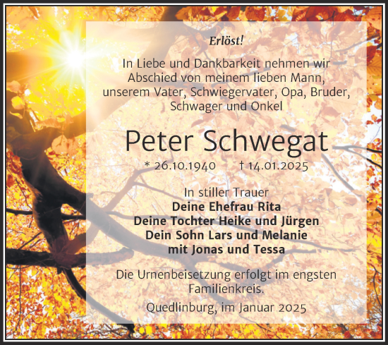 Traueranzeige von Peter Schwegat von Trauerkombi Quedlinburg