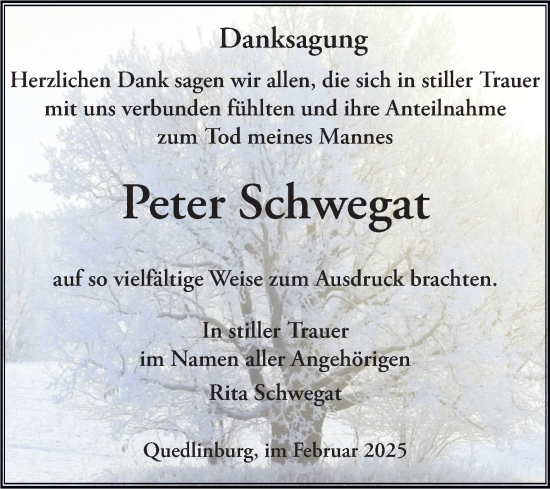 Traueranzeige von Peter Schwegat von Trauerkombi Quedlinburg