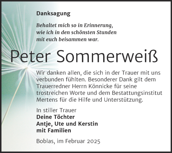 Traueranzeige von Peter Sommerweiß von Super Sonntag Naumburg/Nebra