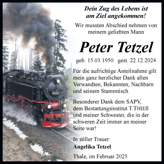 Traueranzeige von Peter Tetzel von Trauerkombi Quedlinburg