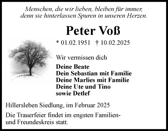 Traueranzeige von Peter Voß von Volksstimme Haldensleben/Wolmirstedt