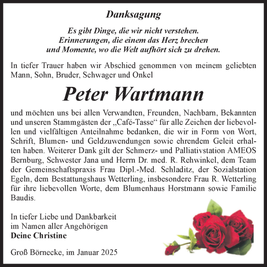 Traueranzeige von Peter Wartmann von Volksstimme Staßfurt