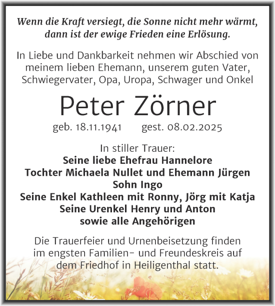Traueranzeige von Peter Zörner von Trauerkombi Mansfelder Land