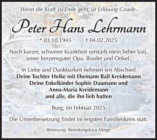 Traueranzeige von Peter Hans Lehrmann von Volksstimme Burg/Genthin