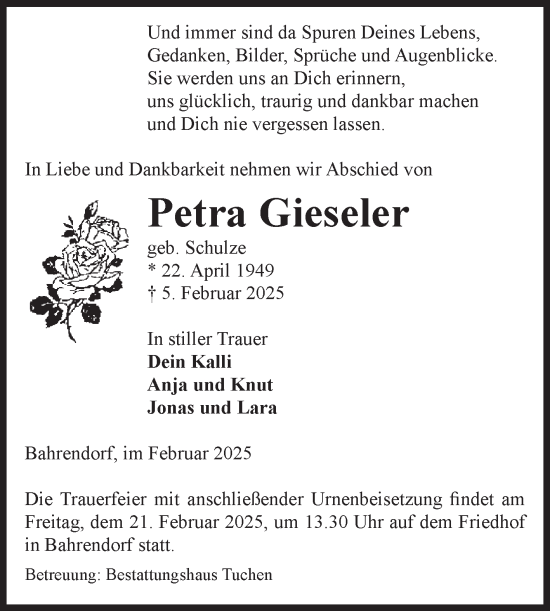 Traueranzeige von Petra Gieseler von Volksstimme Oschersleben/Wanzleben