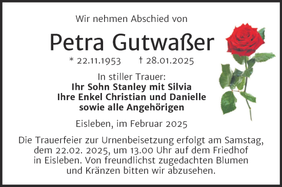 Traueranzeige von Petra Gutwaßer von Trauerkombi Mansfelder Land