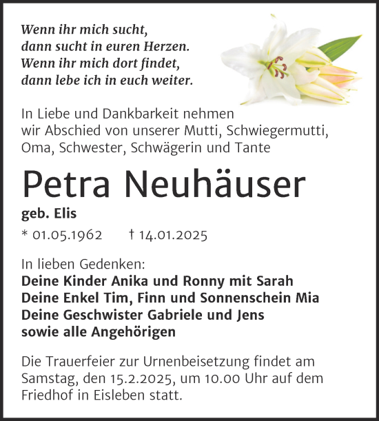 Traueranzeige von Petra Neuhäuser von Trauerkombi Mansfelder Land