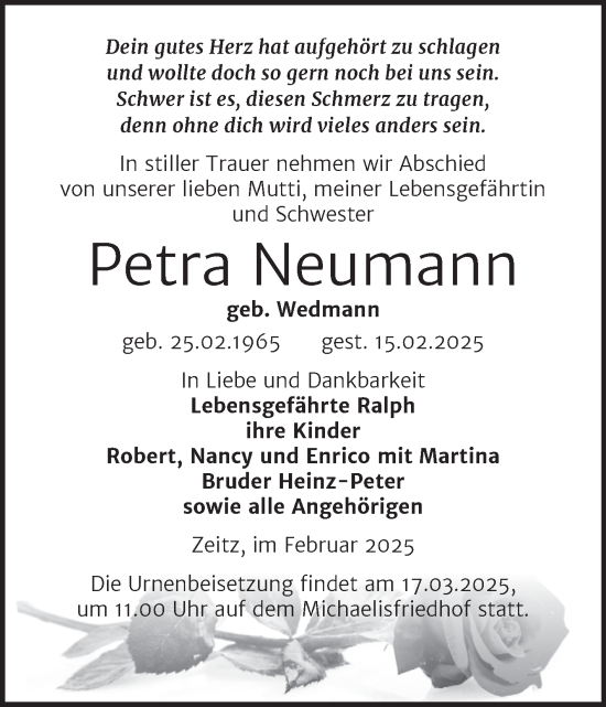 Traueranzeige von Petra Neumann von Trauerkombi Zeitz