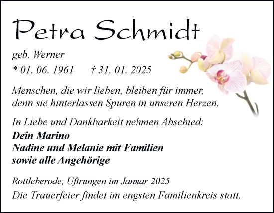 Traueranzeige von Petra Schmidt von Trauerkombi Sangerhausen