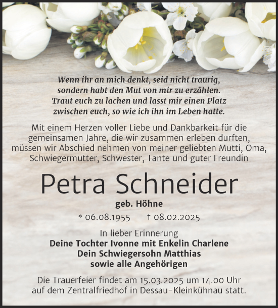 Traueranzeige von Petra Schneider von Trauerkombi Dessau