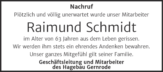 Traueranzeige von Raimund Schmidt von Super Sonntag Quedlingburg