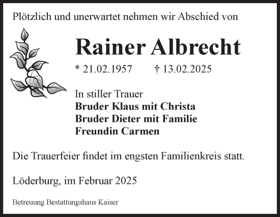Traueranzeige von Rainer Albrecht von Volksstimme Staßfurt