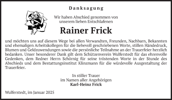 Traueranzeige von Rainer Frick von Volksstimme Oschersleben/Wanzleben