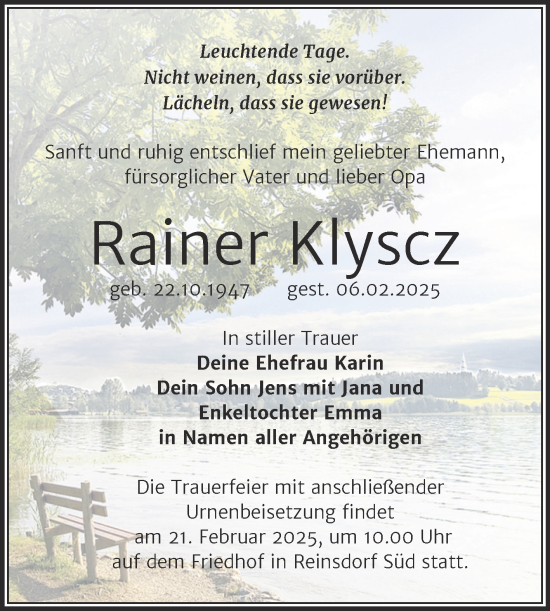 Traueranzeige von Rainer Klyscz von Trauerkombi Wittenberg