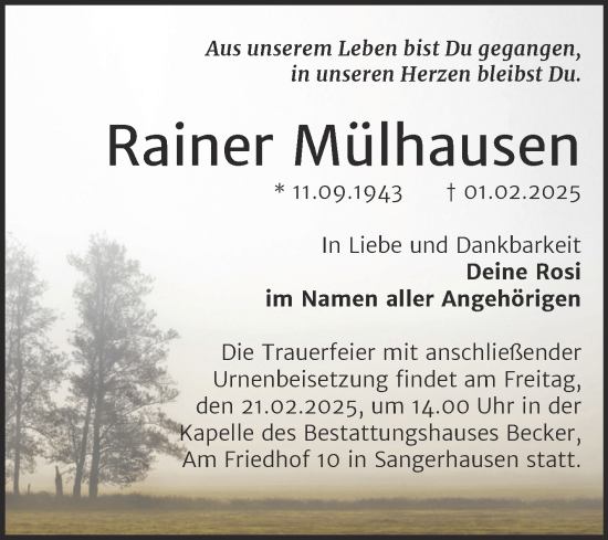 Traueranzeige von Rainer Mülhausen von Trauerkombi Sangerhausen