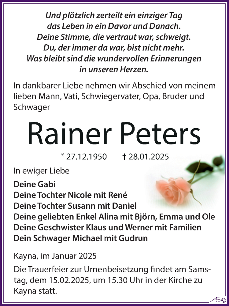  Traueranzeige für Rainer Peters vom 08.02.2025 aus Trauerkombi Zeitz