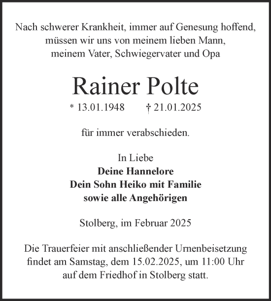 Traueranzeige von Rainer Polte von Trauerkombi Sangerhausen