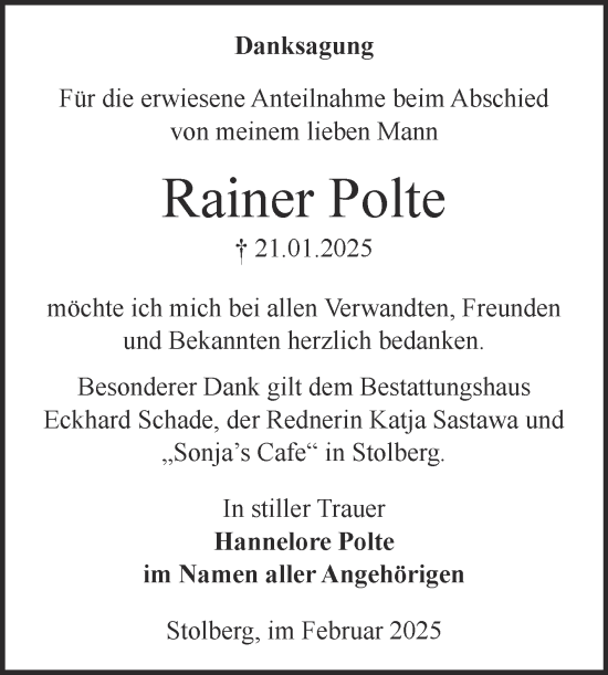 Traueranzeige von Rainer Polte von Trauerkombi Sangerhausen