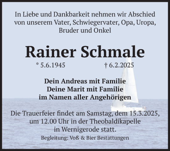 Traueranzeige von Rainer Schmale von Volksstimme Wernigerode