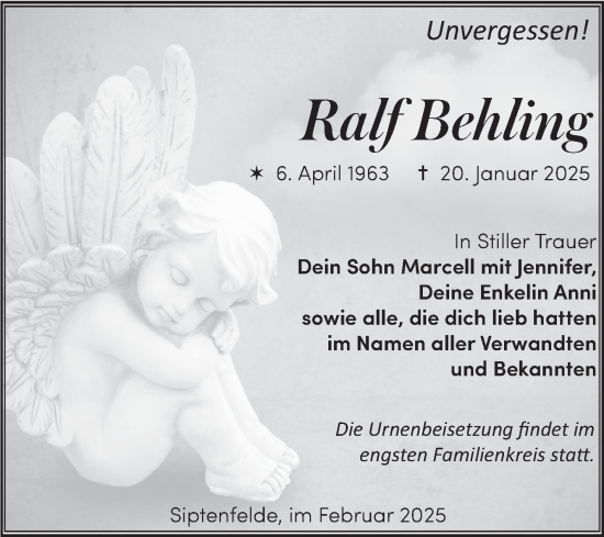 Traueranzeige von Ralf Behling von Trauerkombi Quedlinburg