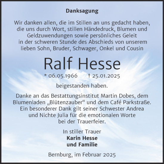 Traueranzeige von Ralf Hesse von Trauerkombi Bernburg