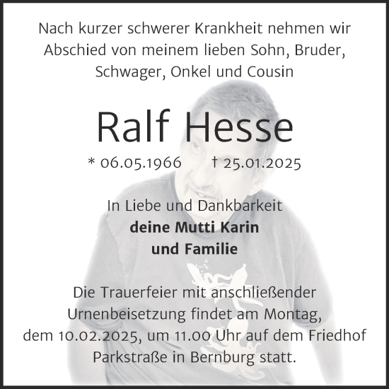 Traueranzeige von Ralf Hesse von Trauerkombi Bernburg