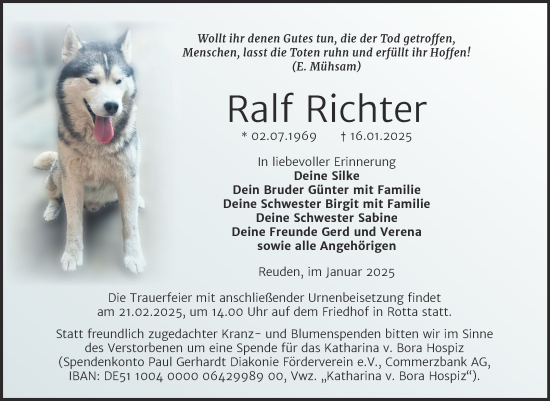 Traueranzeige von Ralf Richter von Trauerkombi Wittenberg