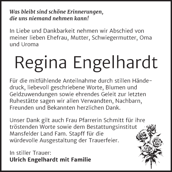 Traueranzeige von Regina Engelhardt von Trauerkombi Mansfelder Land