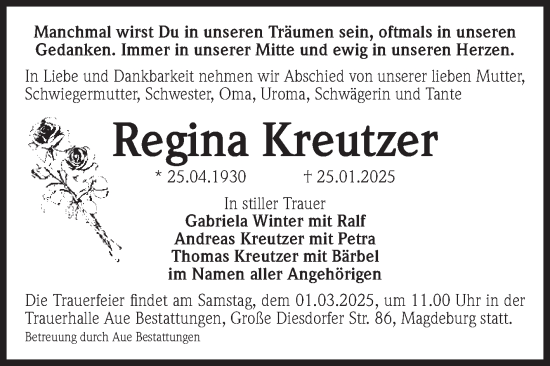Traueranzeige von Regina Kreutzer von Volksstimme Magdeburg