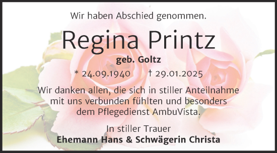 Traueranzeige von Regina Printz von Trauerkombi Bernburg