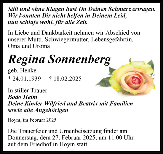 Traueranzeige von Regina Sonnenberg von Trauerkombi Aschersleben