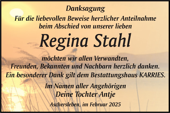 Traueranzeige von Regina Stahl von Trauerkombi Aschersleben